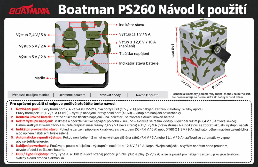 Boatman PS130 Powerbank 12 Ah / 130 Wh, USB 2.0, USB-C, XT60U